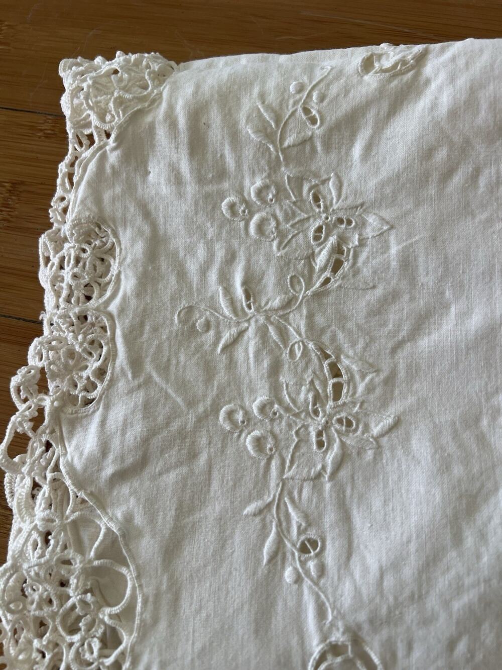 Vintage Large Embroidery & Eyelet Lace Cotton Table Cloth 83x28” Floral Crochet